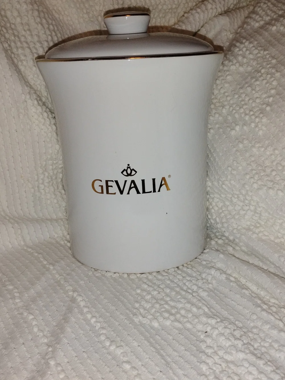 Gevalia White Ceramic Coffee Canister w/ Lid Gold Trim Kitchen Storage Jar